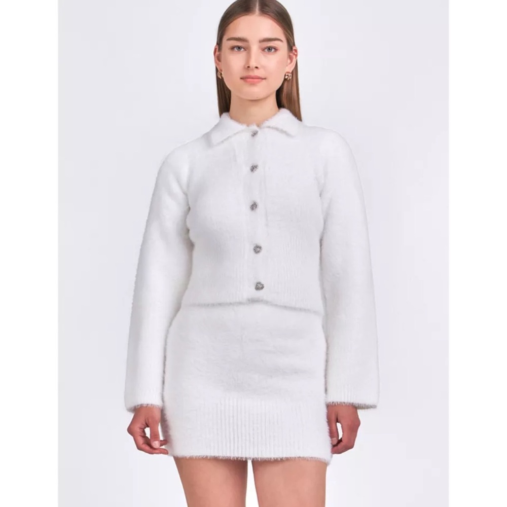 Endless Rose White Fuzzy Cardigan Sweater and skirt size S